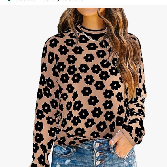 Tops - Chic Neutral Floral Knit Sweater Black & Beige Cozy Soft Boutique Style Top M